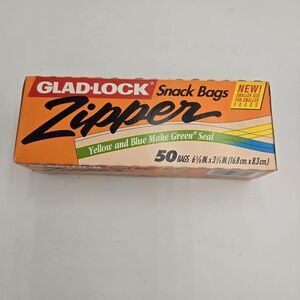 Vintage 1980s Glad-Lock Zipper Snack Bags 50 Ct Yellow Blue Make Green Seal NOS